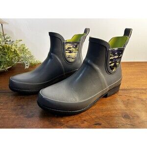 Women's LL Bean Gray Wellie Ankle Boots Green Camo Trim Size 9 M